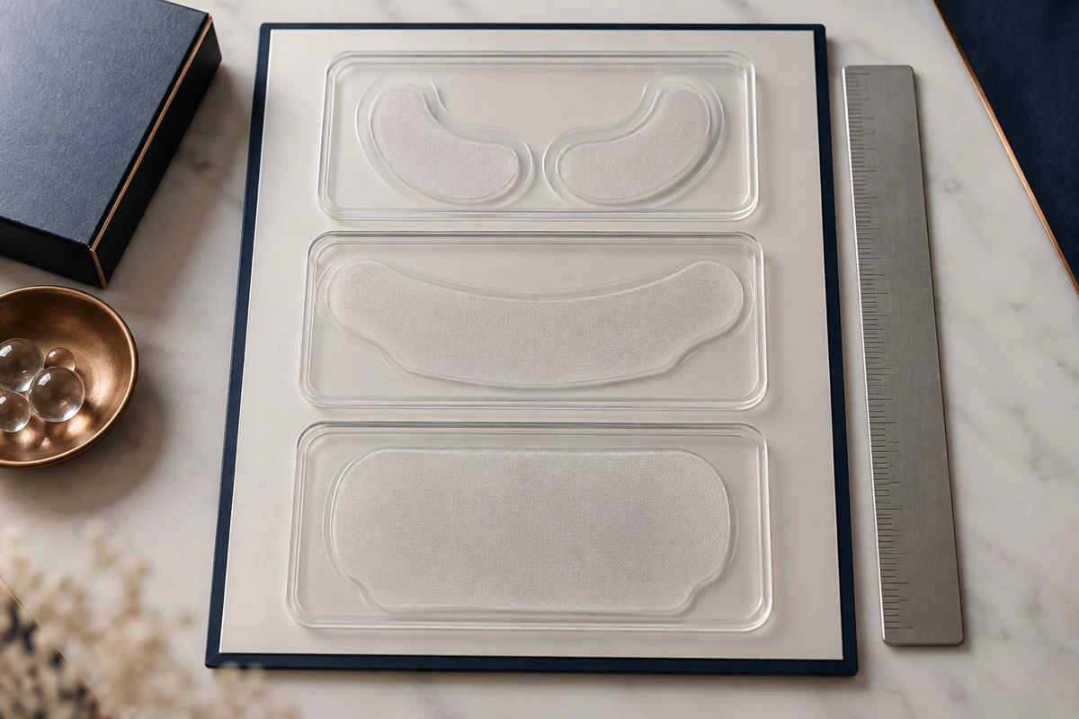 Lip-contour, neck-strip and body-area patch formats in fitted protective trays.