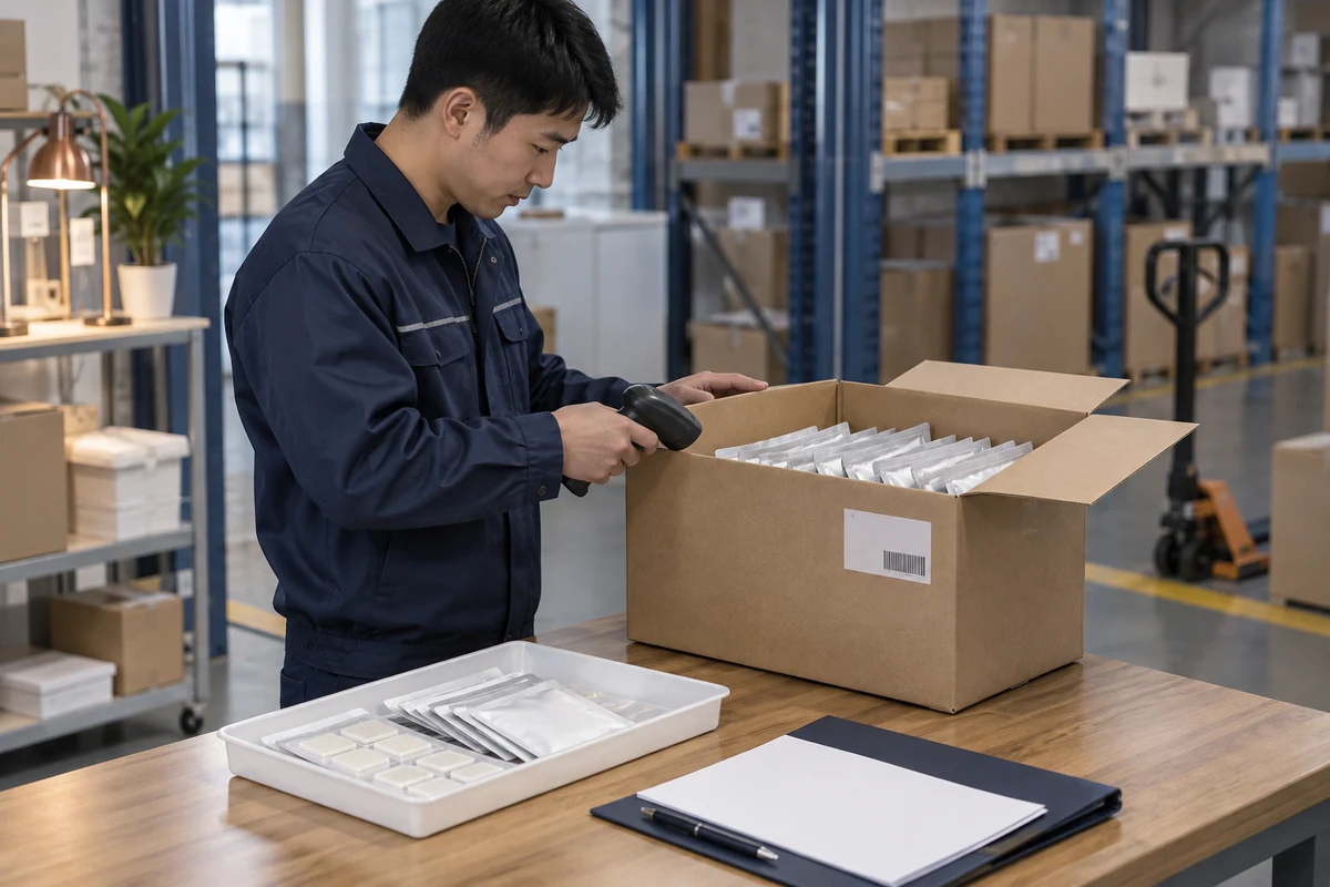 A logistics planner checks packaged patch goods and shipping documentation.