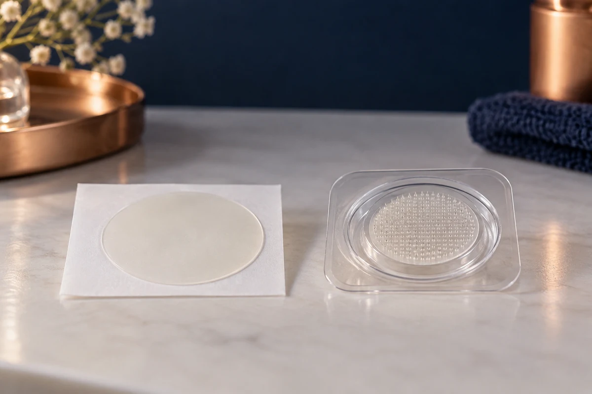 A flat cosmetic spot patch and a microarray patch displayed for structural comparison.