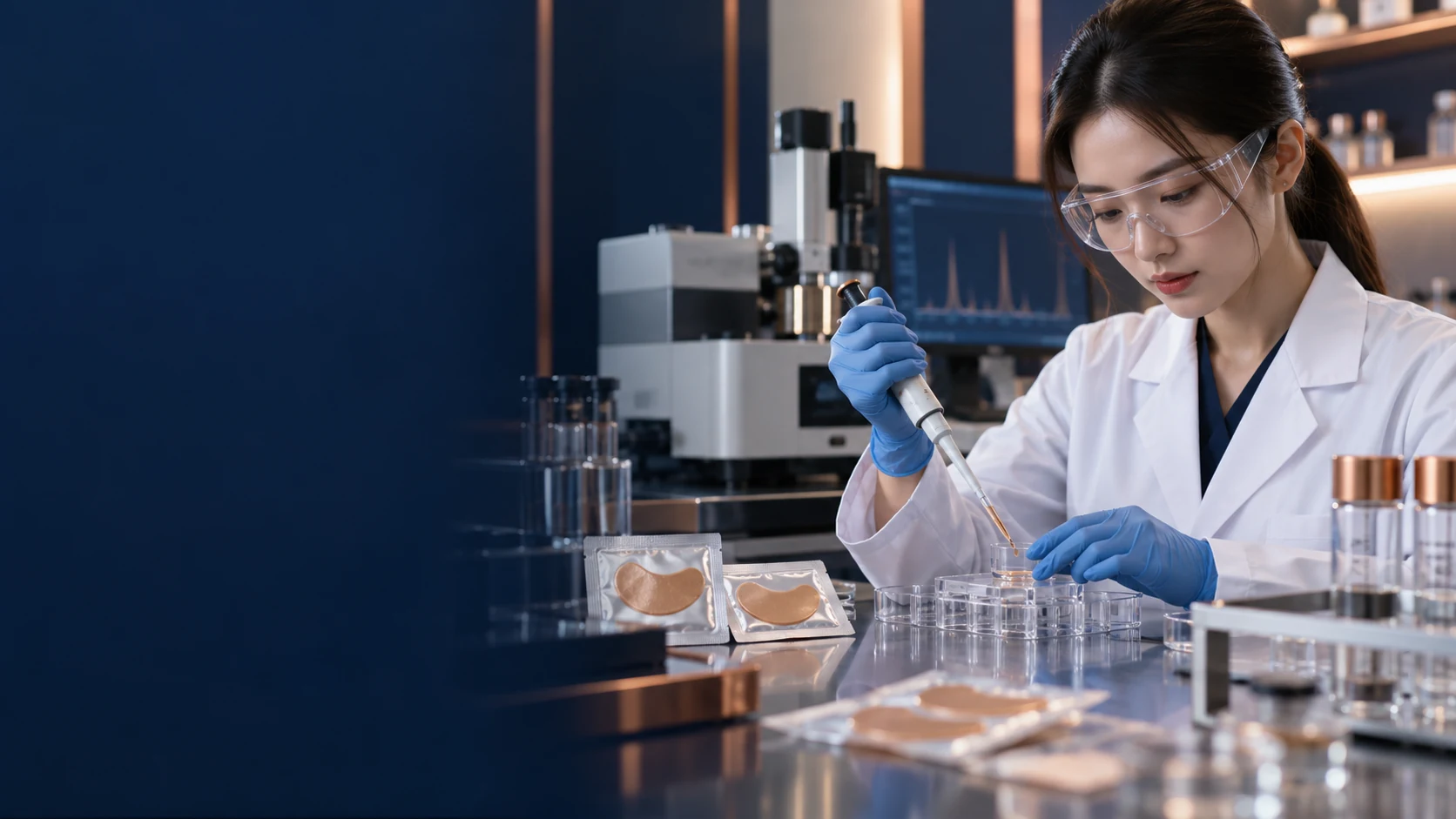 East Asian scientist developing cosmetic microneedle formulations