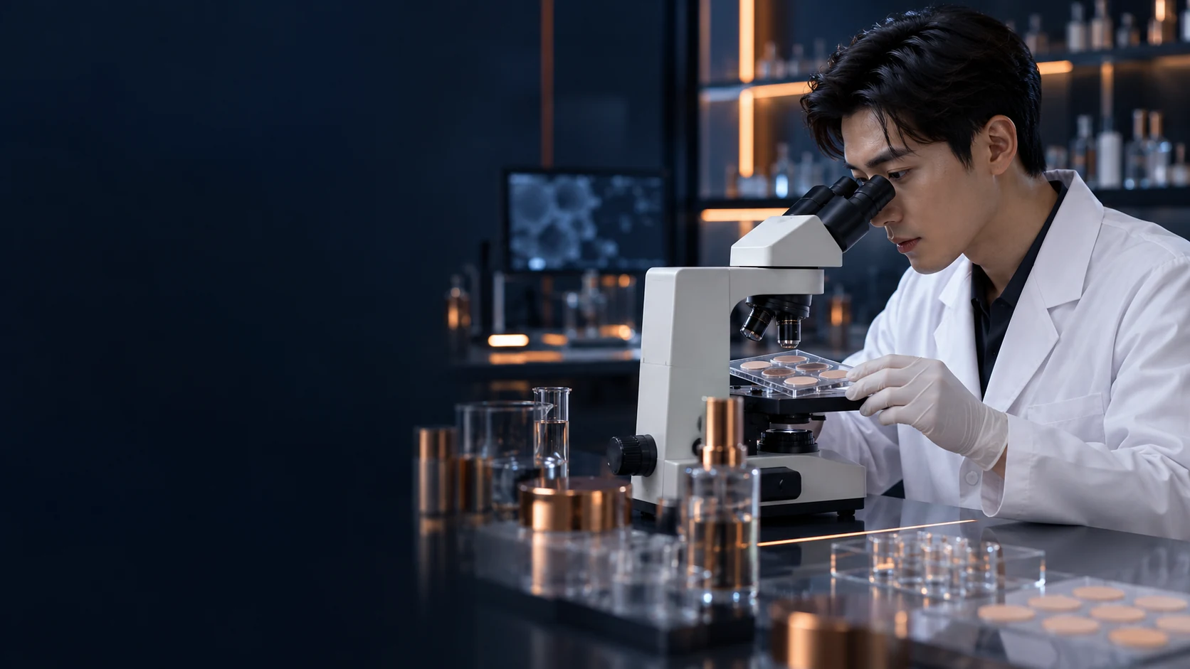 East Asian laboratory scientist reviewing microneedle patch samples